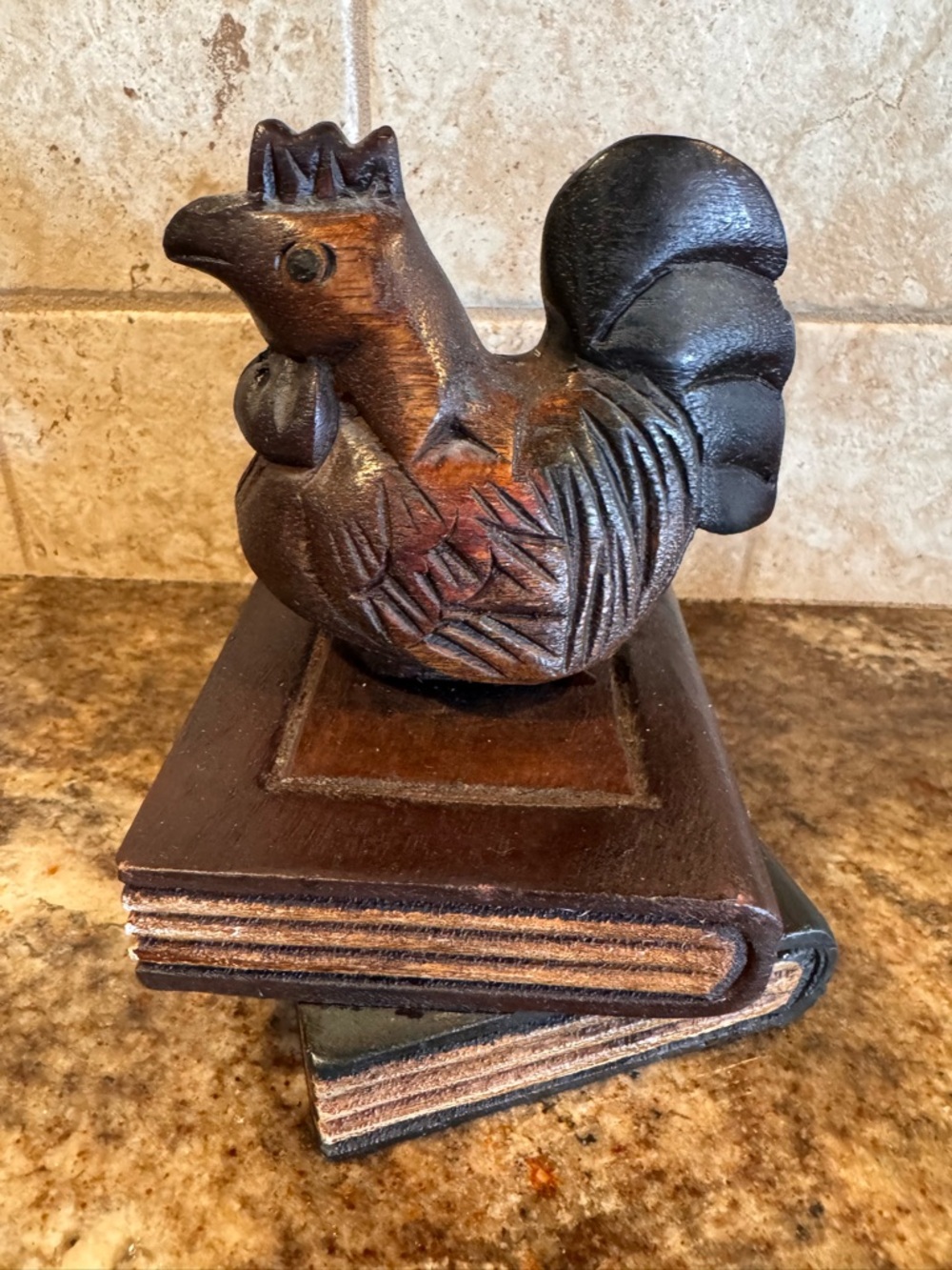 Carved Wooden Rooster Figurine on Book Base - Brown & Black